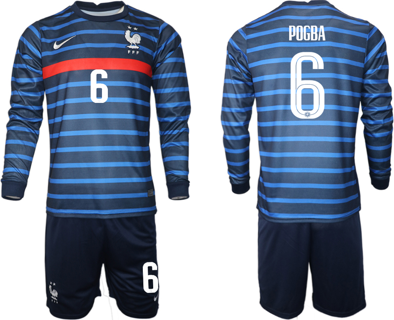 Men 2021 European Cup France home blue Long sleeve #6 Soccer Jersey